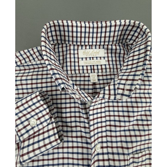 Roundtree & Yorke Gold Label Fitted Check Dress Shirt Mens 17/34 Blue Red - Picture 1 of 4